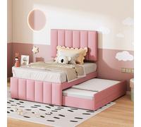Moimhear Letto imbottito con letto pieghevole e cassetti, imbottitura in lino delicato sulla pelle, letto singolo piatto, letto per bambini, 90 x 200 cm, letto per ragazzi (rosa)