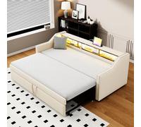 Moimhear Letto imbottito, divano letto allungabile, vano portaoggetti multifunzione, luce LED e presa USB, con rete a doghe (beige, 90/180 x 190 cm)