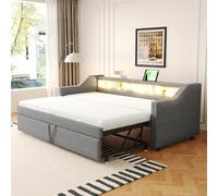 Moimhear Letto imbottito, divano letto allungabile, vano portaoggetti multifunzione, luce LED e presa USB, con rete a doghe (grigio chiaro, 90/180 x 190 cm)