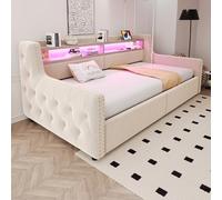 Moimhear Letto imbottito Divano letto idraulico con illuminazione a LED e vano portaoggetti con presa e porta di ricarica, completo di rete a doghe, 90 x 200 cm (beige)