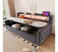 Moimhear Letto imbottito Divano letto idraulico con illuminazione a LED e vano portaoggetti con presa e porta di ricarica, completo di rete a doghe, 90 x 200 cm (grigio scuro)