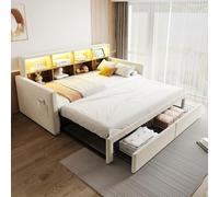 Moimhear Letto imbottito estraibile per divano letto, testiera con scomparti, striscia luminosa a LED e prese di ricarica, con due cassetti e rete a doghe, tessuto in velluto, 90/180 x 190 cm (beige)