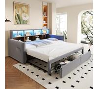 Moimhear Letto imbottito estraibile per divano letto, testiera con scomparti, striscia luminosa a LED e prese di ricarica, con due cassetti e rete a doghe, tessuto in velluto, 90/180 x 190 cm (grigio