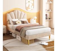 Moimhear Letto imbottito in velluto, letto a conchiglia con gambe in ferro dorato, testiera regolabile in altezza, rete a doghe in legno (beige, 90 x 200 cm)