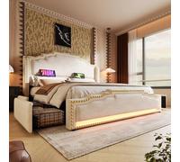 Moimhear Letto imbottito, letto matrimoniale con 4 cassetti, illuminazione a LED e porta di ricarica USB-C, letto per bambini e ragazzi con rete a doghe, velluto (beige, 180 x 200 cm)