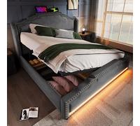 Moimhear Letto imbottito, letto matrimoniale con vano di stoccaggio idraulico, illuminazione a LED e porta di ricarica USB-C, letto per bambini e ragazzi con rete a doghe, velluto (grigio, 140 x 200