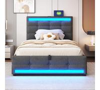 Moimhear Letto imbottito, letto per bambini idraulico con USB e striscia luminosa a LED che cambia colore, letto singolo in lino (grigio, 90 x 200 cm)