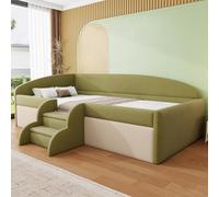 Moimhear Letto imbottito per divano, multifunzione, con gradini e recinzioni, tessuto vellutato delicato sulla pelle, senza materasso, 90 x 190 cm (verde scuro + crema)