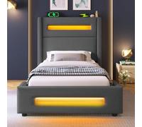 Moimhear Letto imbottito per ragazzi con LED, letto portaoggetti con vano portaoggetti idraulico e ricarica USB Type-C, telaio in metallo con doghe in legno, lino (grigio, 90 x 200 cm)