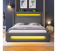 Moimhear Letto imbottito per ragazzi con LED, letto portaoggetti con vano portaoggetti idraulico e ricarica USB Type-C, telaio in metallo con doghe in legno, lino (grigio, 180 x 200 cm)