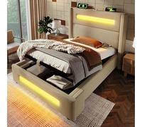 Moimhear Letto imbottito per ragazzi con LED, letto portaoggetti con vano portaoggetti idraulico e ricarica USB Type-C, telaio in metallo con doghe in legno, lino (beige, 90 x 200 cm)