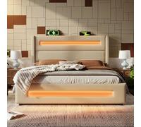 Moimhear Letto imbottito per ragazzi con LED, letto portaoggetti con vano portaoggetti idraulico e ricarica USB Type-C, telaio in metallo con doghe in legno, lino (beige, 180 x 200 cm)