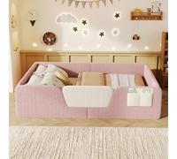 Moimhear letto imbottito, senza materasso, griglia di sicurezza rimovibile, tasca in tessuto integrata per la conservazione, velluto unico (rosa)