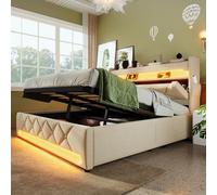 Moimhear Letto imbottito, testiera con porta USB e tipo C, funzione LED intorno alla testa e ai piedi, letti con vano idraulico, lino (beige, 160 x 200 cm)