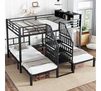 Moimhear Letto in ferro, letto a castello, con tre posti letto, nero, 90 x 200 cm e 140 x 200 cm, scala con corrimano, letto superiore con vano portaoggetti