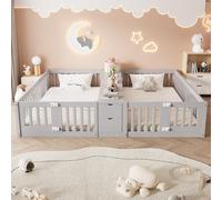 Moimhear Letto in legno, 90 x 200 cm, con cassetto e ripiano a due piani, struttura letto matrimoniale con griglia di sicurezza, griglia alta (grigio)