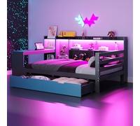 Moimhear Letto in legno, divano letto, con scrivania, libreria, scomparti e scaffali, con illuminazione integrata e prese, cassetti (nero + blu, 90 x 200 cm)