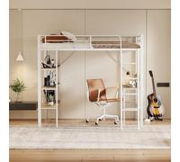Moimhear Letto in metallo, 90 x 200 cm, letto a soppalco con scrivania e tre ripiani grandi, per bambini, ragazzi e adulti, colore: bianco