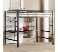 Moimhear Letto in metallo, letto a soppalco con scrivania e due librerie, per bambini, ragazzi e adulti, 140 x 200 cm, nero
