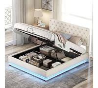 Moimhear Letto matrimoniale, 140 x 200 cm, letto imbottito con LED in diversi colori, letto con sistema idraulico, contenitore e rete a doghe, testiera regolabile (beige) (506-M)
