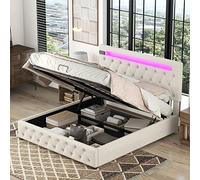 Moimhear Letto matrimoniale 140x200cm, letto imbottito, familiare, letto a piattaforma con ricarica USB, lettore Bluetooth e illuminazione a LED, struttura moderna con spazio di archiviazione (beige)