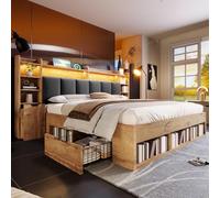 Moimhear Letto matrimoniale, colore rovere, comodino con porte USB e tipo C, spazio di archiviazione e cassetti a rotelle, rete a doghe in legno (180 x 200 cm)