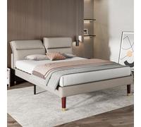 Moimhear Letto matrimoniale con testiera regolabile, rete a doghe in legno, lino, beige (160 x 200 cm)