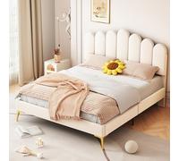 Moimhear Letto matrimoniale imbottito 140 x 200 cm, struttura letto con testiera e rete a doghe, letto per adulti e ragazzi in tessuto di velluto delicato sulla pelle (beige)