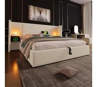 Moimhear Letto matrimoniale imbottito 160×200cm con comodino, lampada da lettura e funzione di ricarica USB Type-C, letto contenitore con telaio e rete a doghe in legno massiccio e metallo (Beige, 160