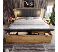 Moimhear Letto matrimoniale, letto in legno, con testiera pieghevole in tessuto di lino, due comodini, panca con vano per lettura, con USB, colore rovere (180 x 200 cm)