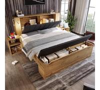 Moimhear Letto matrimoniale, letto in legno, con testiera pieghevole in tessuto di lino, due comodini, panca con vano per lettura, con USB, colore rovere (160 x 200 cm)
