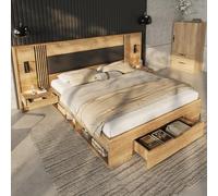 Moimhear Letto matrimoniale, letto in legno, letto per ragazzi, con lampada da lettura, con 2 comodini, con cassetti, colore naturale, senza materasso (160 x 200 cm)
