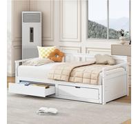 Moimhear Letto matrimoniale multifunzionale due in uno con letto in pino, cassetti e letto estraibile (bianco), LDB00105
