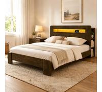 Moimhear Letto matrimoniale, struttura letto in legno con vano portaoggetti nella testiera, prese integrate, letto a piattaforma (legno vintage, 140 x 200 cm)