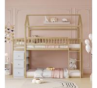Moimhear Letto per bambini a castello, design di recinzione di sicurezza, con cassettiera e scaffali, letto a soppalco basso con scala, telaio in legno massiccio (colore legno + bianco, 90 x 200 cm, a
