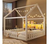 Moimhear Letto piano, 140 x 190 cm, con griglia, con striscia luminosa a LED, scomparti aperti, design della casa, listello in legno di pino, senza materasso, stile minimalista (bianco)