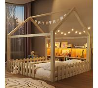 Moimhear Letto piano, 140 x 190 cm, con griglia, con striscia luminosa a LED, scomparti aperti, design della casa, listello in legno di pino, senza materasso, stile minimalista (naturale)