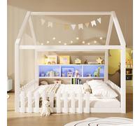 Moimhear Letto piatto per bambini con griglia, con barra luminosa a LED, scomparti aperti, design a casa, listello in legno di pino, stile minimalista (bianco, 140 x 190 cm)