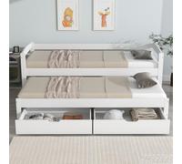 Moimhear Letto singolo e matrimoniale, letto scorrevole con ruote in basso, con 2 cassetti in MDF, struttura in legno massello, bianco (90x200cm/90x190cm)