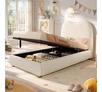 Moimhear Letto singolo imbottito, 90 x 200 cm, beige, velluto, funzionale idraulico, con rete a doghe, testiera imbottita