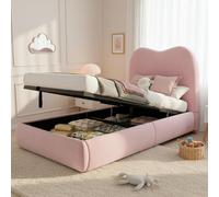 Moimhear Letto singolo imbottito, 90 x 200 cm, rosa, velluto, funzionale idraulico, con rete a doghe, testiera imbottita