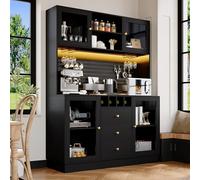 Moimhear Mobile alto moderno, armadio da cucina con illuminazione LED intelligente, armadi alti per soggiorno, con portabottiglie e antiribaltamento, mensole regolabili da incasso, 140 x 40 x 185,7 cm