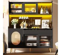 Moimhear Mobile da cucina, armadietto a buffet, 145 x 39 x 171 cm, stile rustico, 5 ante, porte in vetro fluted, nero, con piastra di blocco