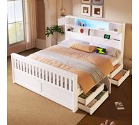 Moimhear Piattaforma letto con scaffali e ripiani, illuminazione a LED, USB e quattro cassetti, senza materasso, bianco (160 x 200 cm)