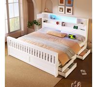 Moimhear Piattaforma letto con scaffali e ripiani, illuminazione a LED, USB e quattro cassetti, senza materasso, bianco (180 x 200 cm)