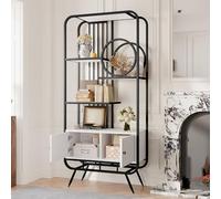 Moimhear Scaffale in metallo, armadio bianco con doppia porta, tre ripiani, scaffale in metallo nero, piedini in metallo, decorazione rotonda (80 x 30 x 180 cm, nero+bianco)