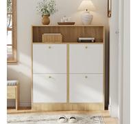 Moimhear Scarpiera con 4 alette colore legno + bianco, larghezza 90 x profondità 24 x altezza 104,5 cm, tagliascarpe sottile con ripiani aperti, per corridoio, ingresso