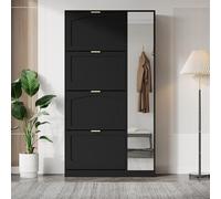 Moimhear Scarpiera con specchio, 4 vani portaoggetti pieghevoli, larghezza 80 x altezza 147 x profondità 24 cm, ripiano regolabile dietro lo specchio destro (nero)