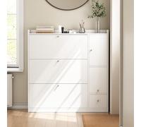 Moimhear Scarpiera versatile ribaltabile con 3 cassetti a ribalta, organizzatore per ingresso con spazio di archiviazione, scarpiera autoportante con panca ribaltabile (Stile 7, bianco, 119x24x112cm)