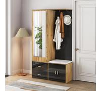 Moimhear Set appendiabiti 100 x 38 x 180 cm, con specchio, scarpiera con ganci e asta appendiabiti allungabile, adatta per corridoio, camera da letto, guardaroba (nero + legno)